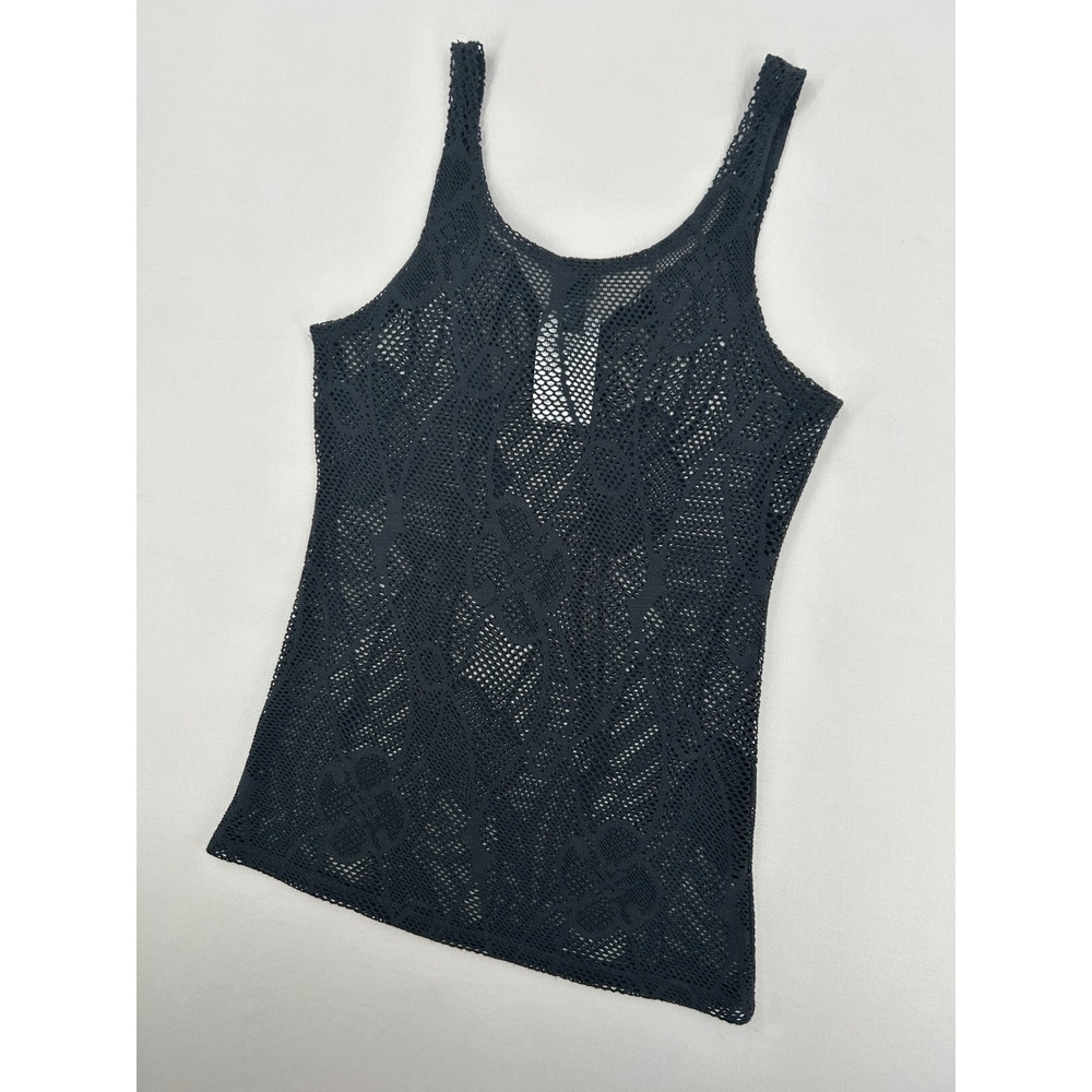Donna Black Crochet Knit Lace Up Front Tank Top Floral Mesh Cover Up Medium - Picture 11 of 11